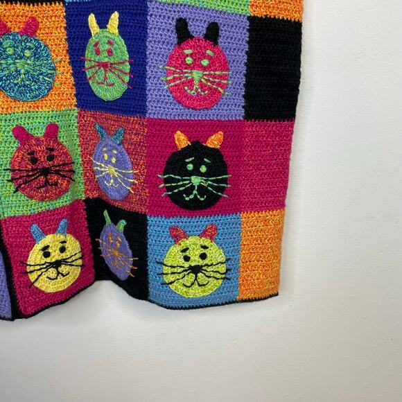 Vintage Y2K Susan Bristol Rainbow Cat Cats Crochet Embroidered Sweater Vest 2X - Picture 4 of 12